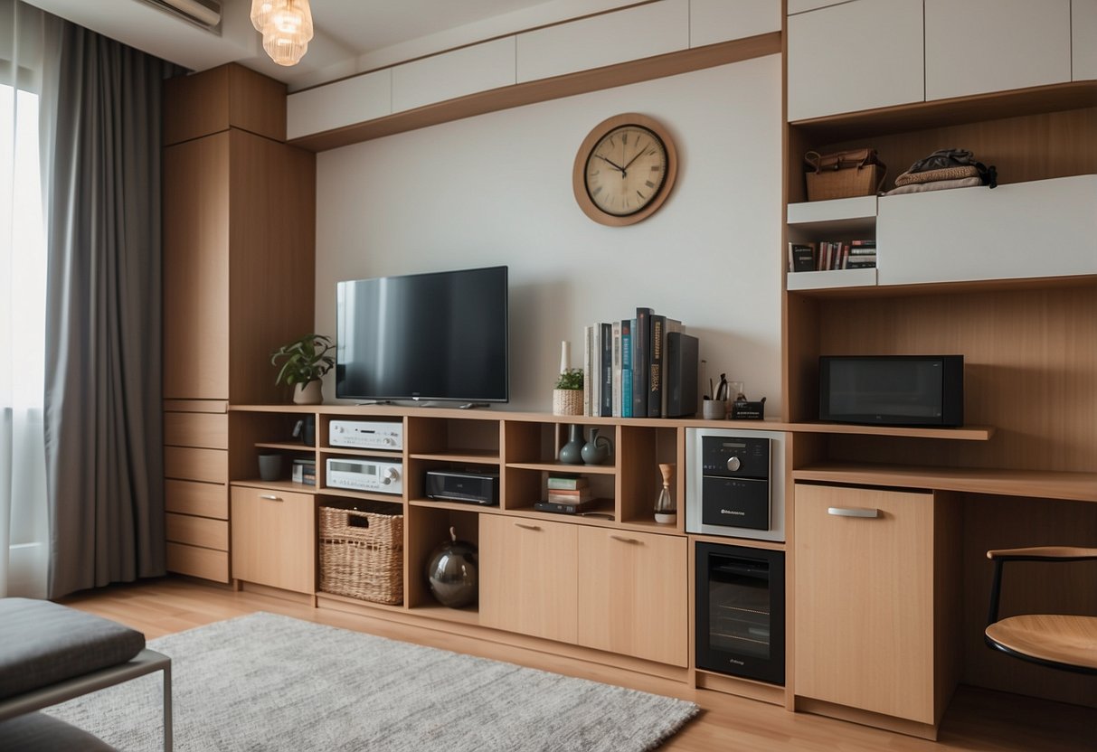A compact, multi-functional furniture set neatly arranged in a small Singaporean apartment, maximizing space and providing efficient storage solutions