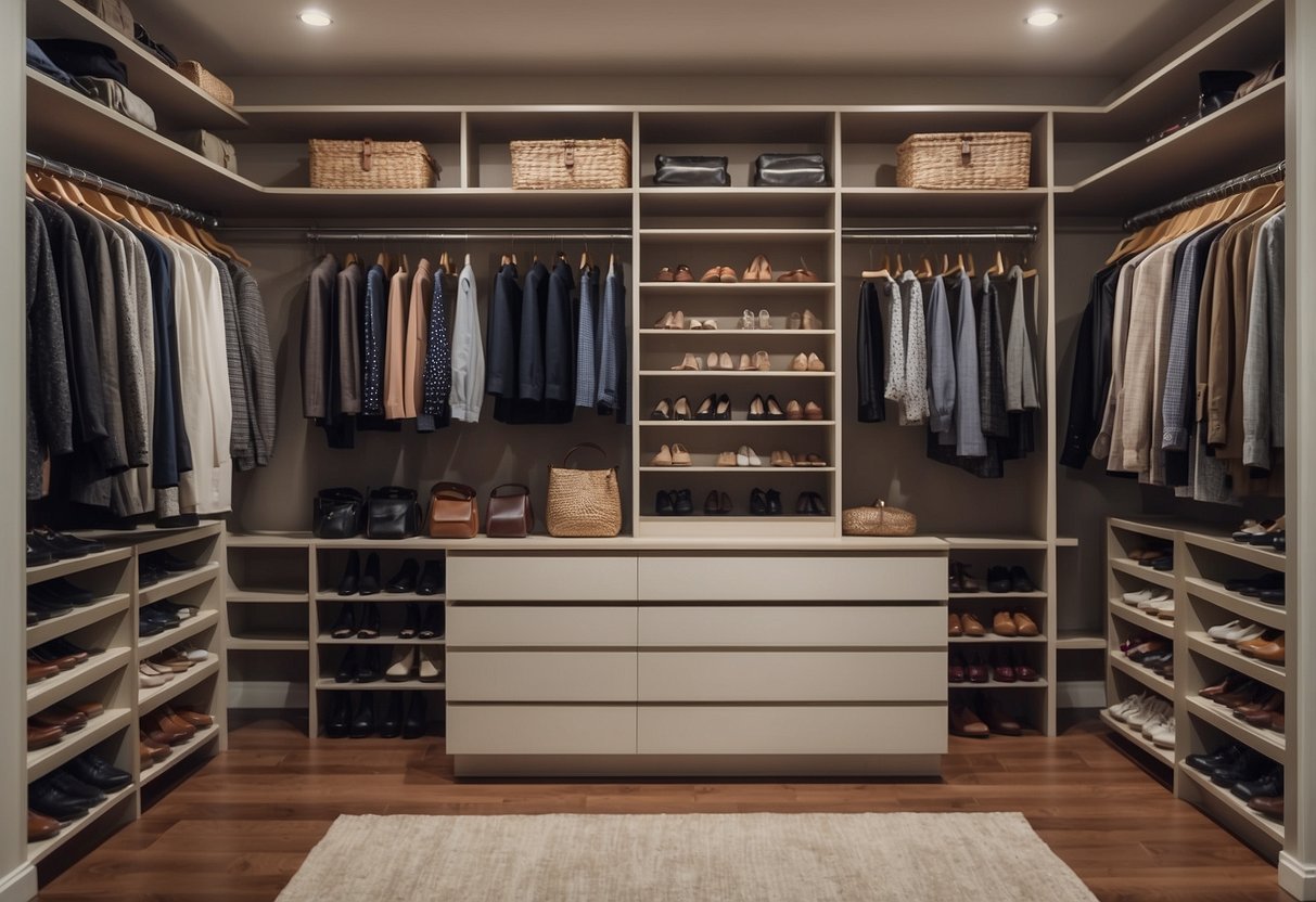 A custom closet with shelves, drawers, and hanging rods. Shoes neatly arranged, ties and belts hung, and folded clothes stacked on shelves