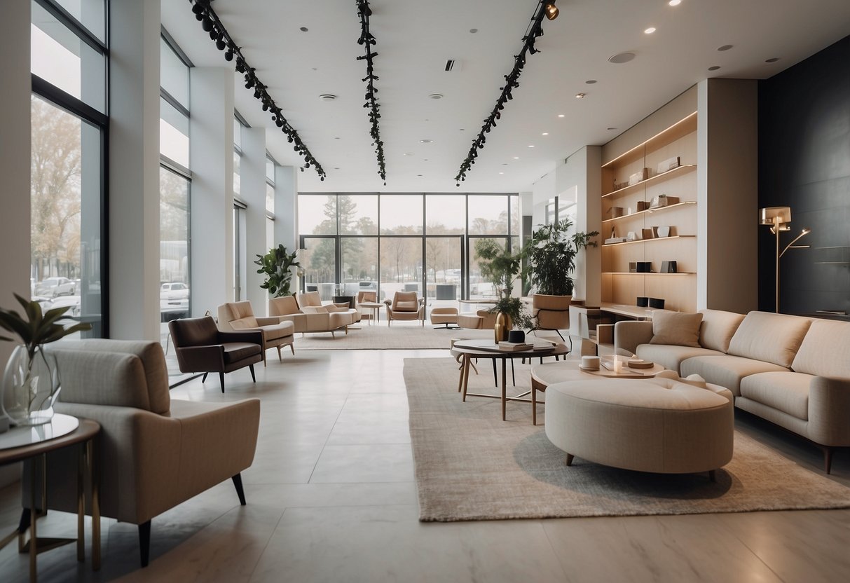 A modern showroom with sleek, minimalist furniture displays. Clean lines, neutral colors, and innovative designs create a spacious and inviting atmosphere