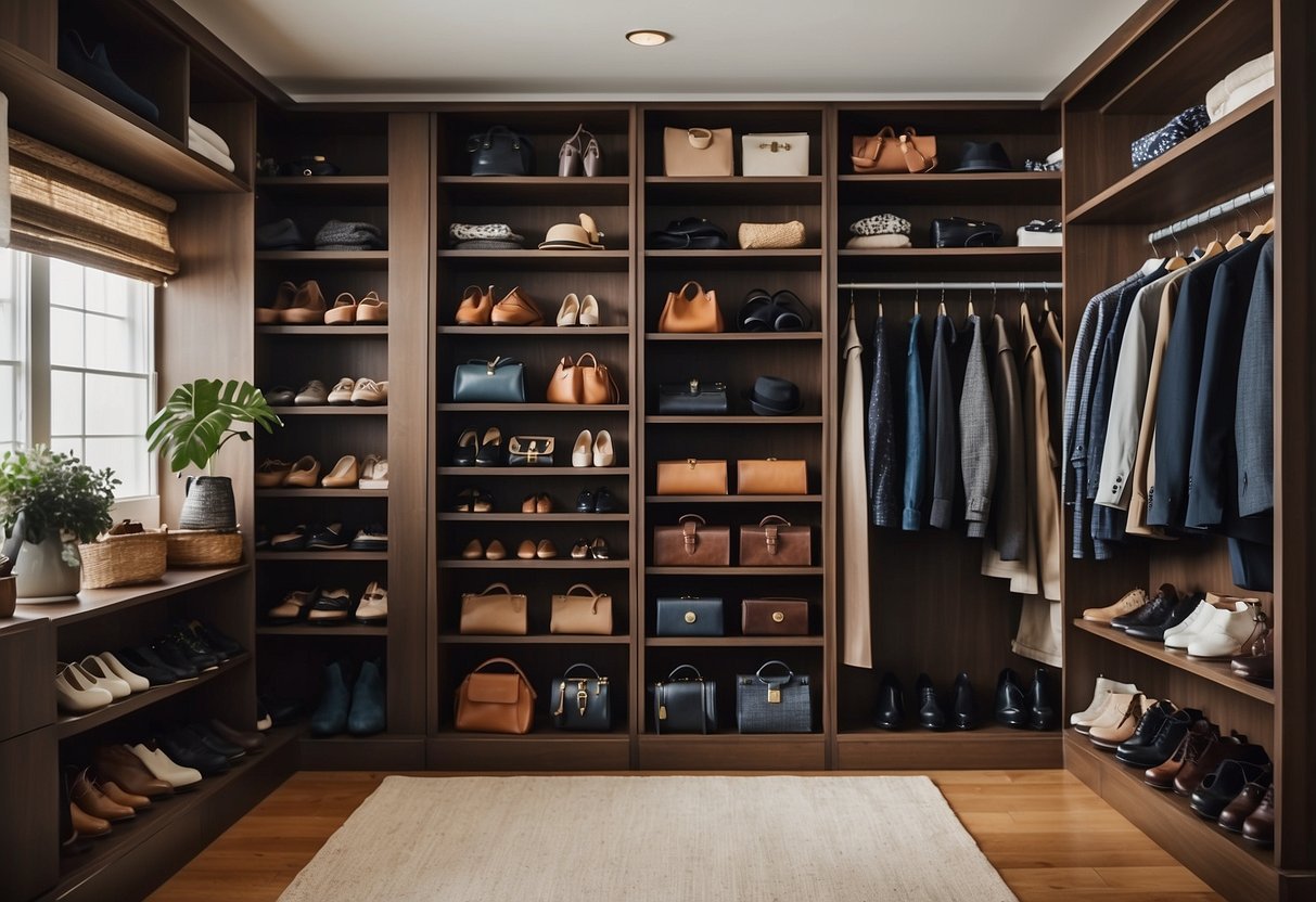 A neatly organized closet with shelves, cubbies, and hanging racks filled with various accessories such as shoes, bags, hats, and jewelry