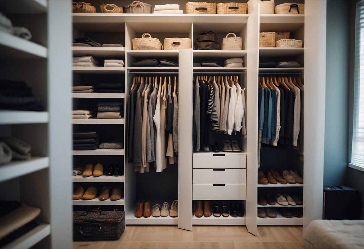 Closet with organized shelves and hanging clothes, seasonal rotation items labeled and stored neatly. Variety of storage solutions utilized