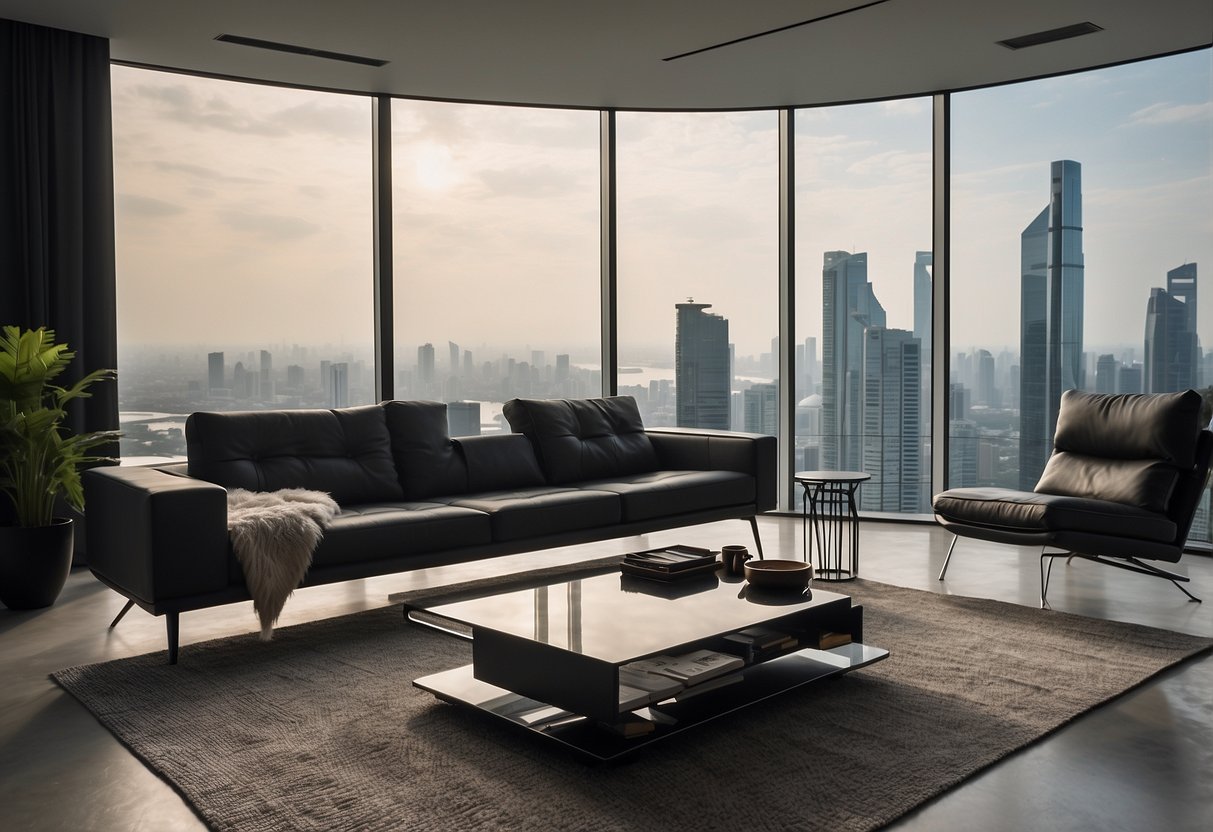 A modern living room with sleek furniture and a Singapore skyline backdrop for a review on space-saving furniture