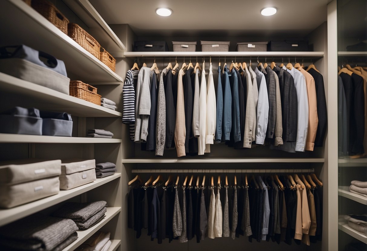 A well-lit closet with various organization systems, including shelves, hanging rods, and labeled bins. Items are neatly arranged and easily visible