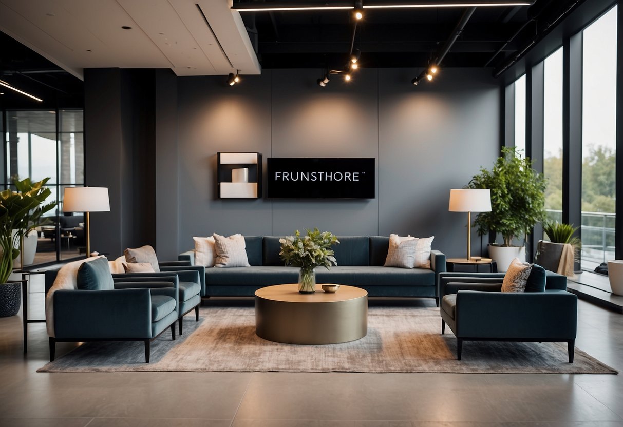 A sleek, modern furniture showroom with a prominent "Frequently Asked Questions" sign. Clean lines and minimalist decor enhance the professional atmosphere