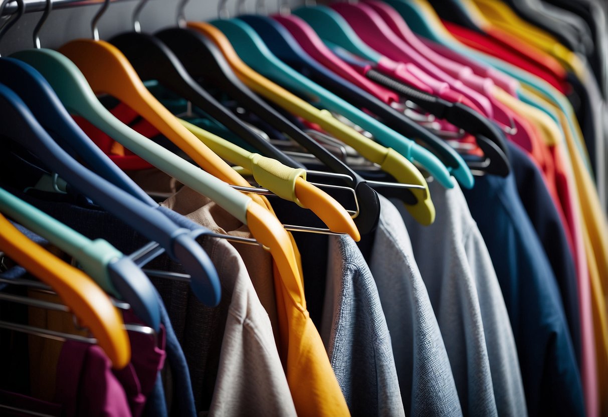 Colorful hangers hold neatly arranged clothes. Shoe racks and storage bins maximize space. Labels and dividers add organization