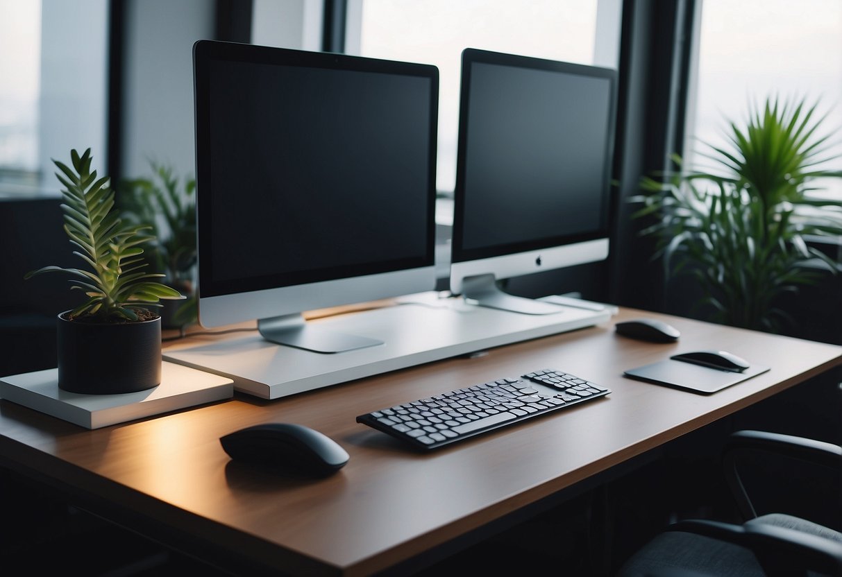 A stand-up desk with adjustable height, featuring a sleek and modern design, positioned in a well-lit office space with a computer and office supplies neatly arranged on top