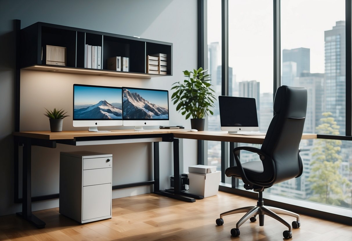 A modern office with a sleek stand-up desk, ergonomic chair, and adjustable monitor stand. The room is well-lit with natural light and features minimalist decor