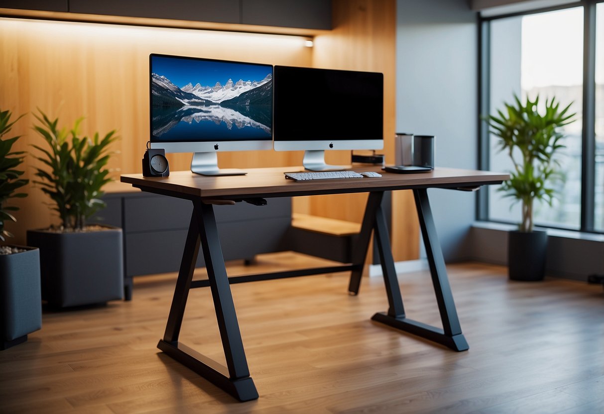 A sleek, modern stand-up desk with adjustable height and customizable features. Accessories like cable management and monitor arms enhance functionality