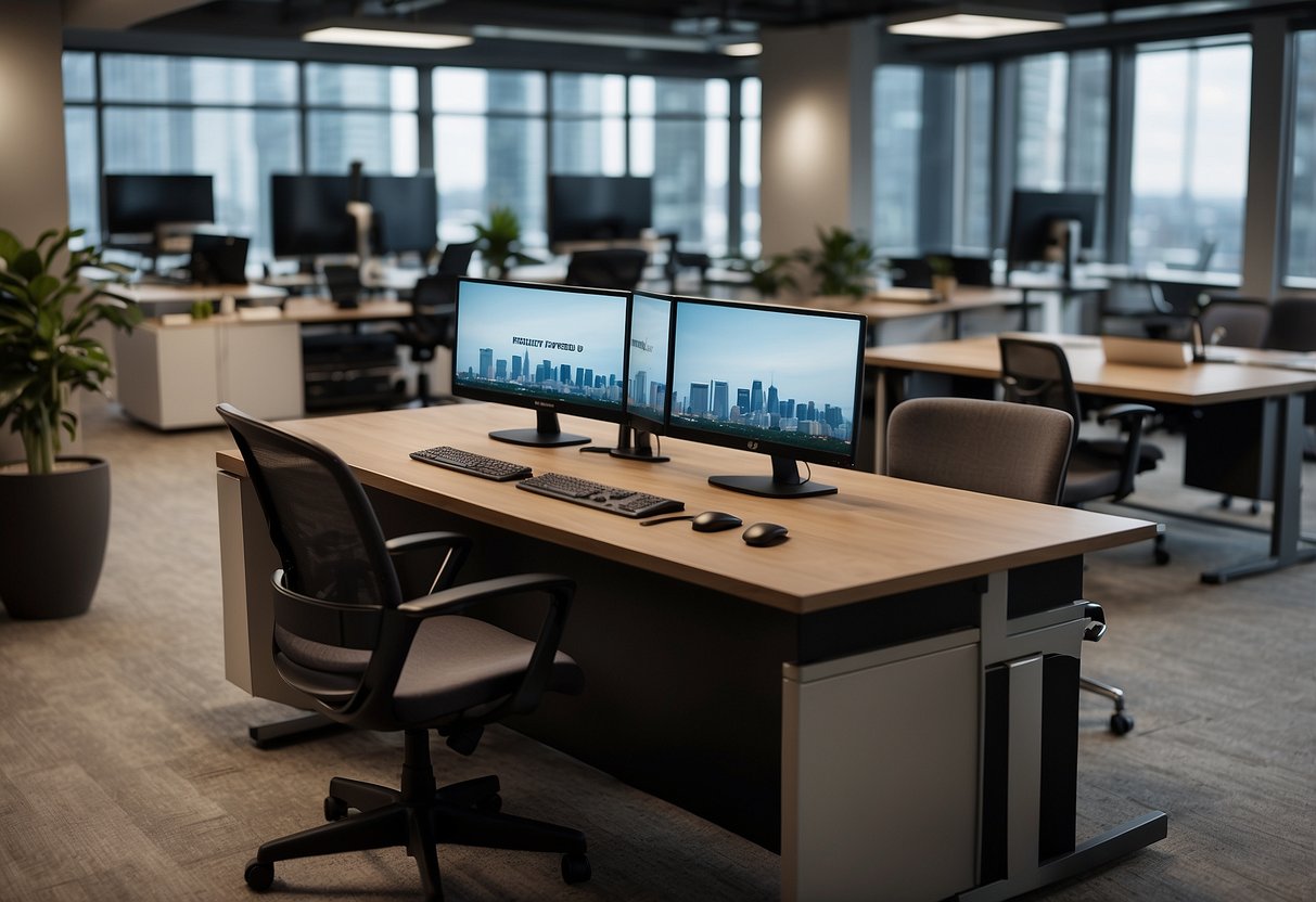 A modern office setting with a standing desk surrounded by chairs, computer monitors, and a sign that reads "Frequently Asked Questions stand up desk furniture"