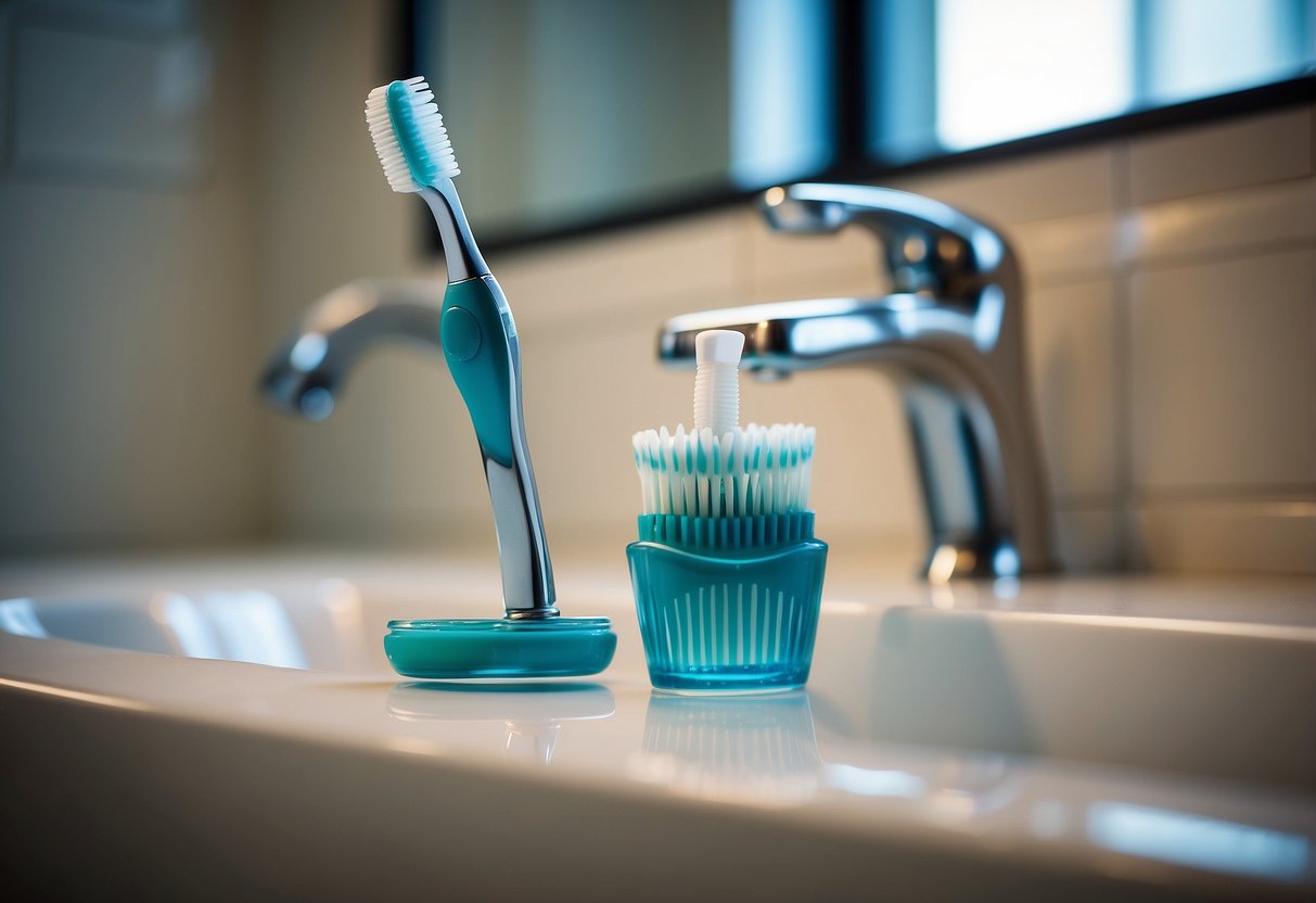 A toothbrush with toothpaste and braces in a bathroom