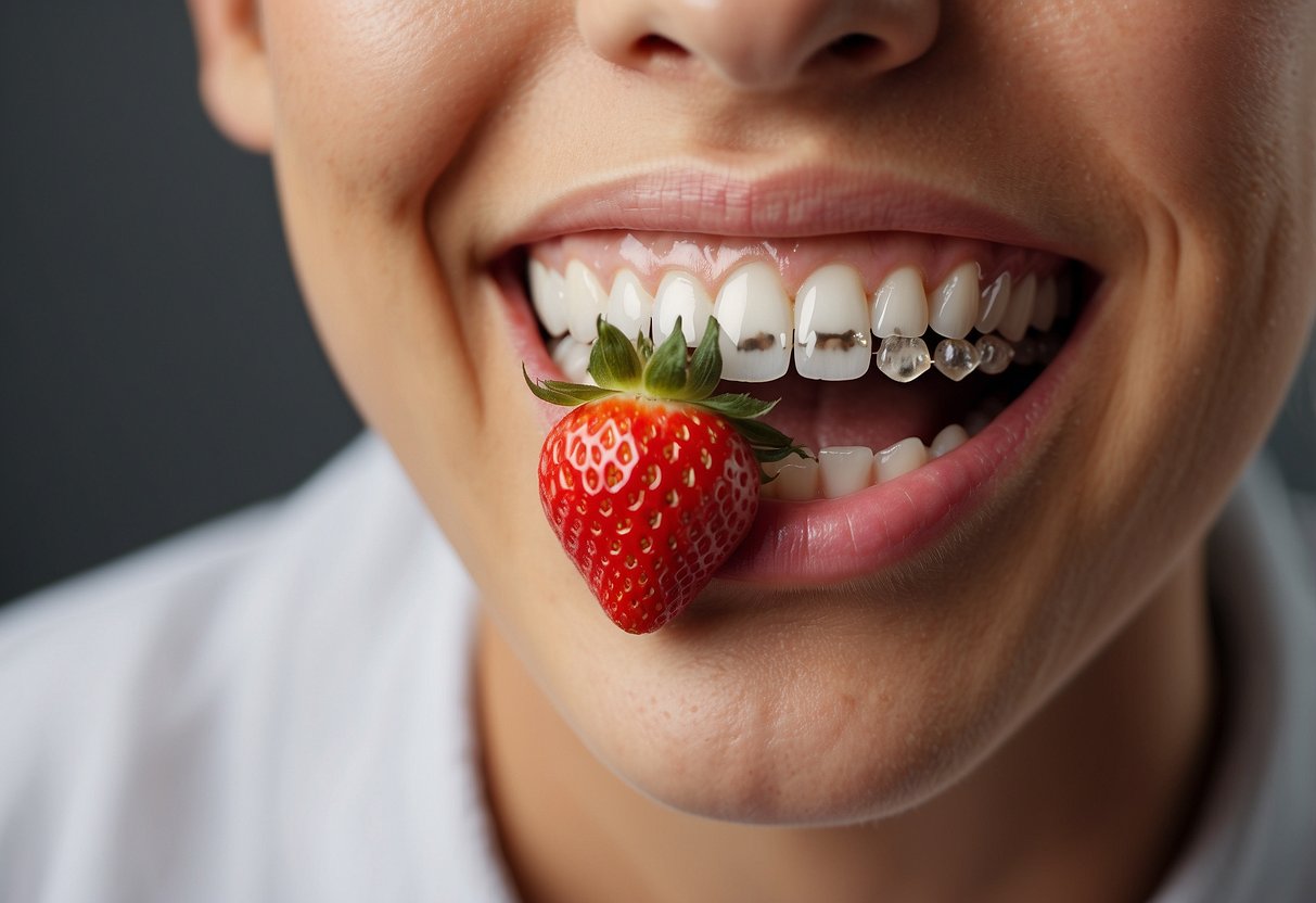 A smiling mouth with braces, surrounded by natural teeth whitening ingredients like strawberries and baking soda