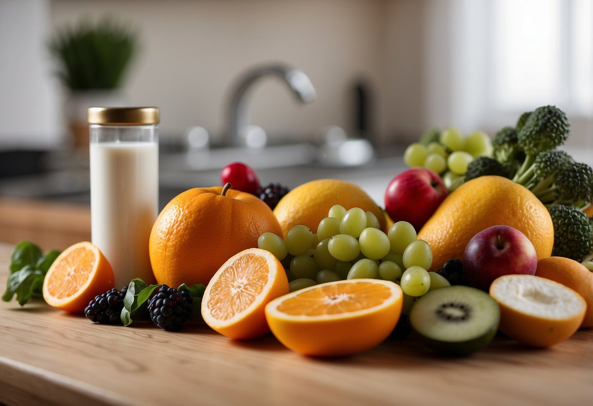 A table with fruits, vegetables, and dairy products. A toothbrush and dental floss nearby. Braces on a model of teeth