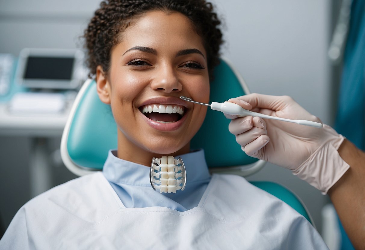 A dentist's chair with a patient's mouth open, showing braces. A dentist holds a teeth whitening tool, demonstrating how to whiten teeth with braces naturally