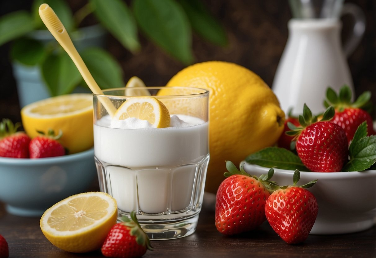 A toothbrush with braces, surrounded by natural ingredients like baking soda, lemon, and strawberries for whitening