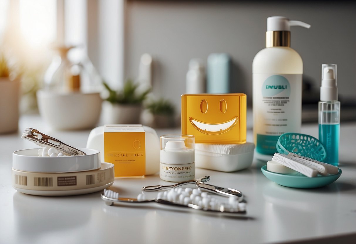 A smiling mouth with braces, surrounded by whitening products and tools on a clean, white countertop