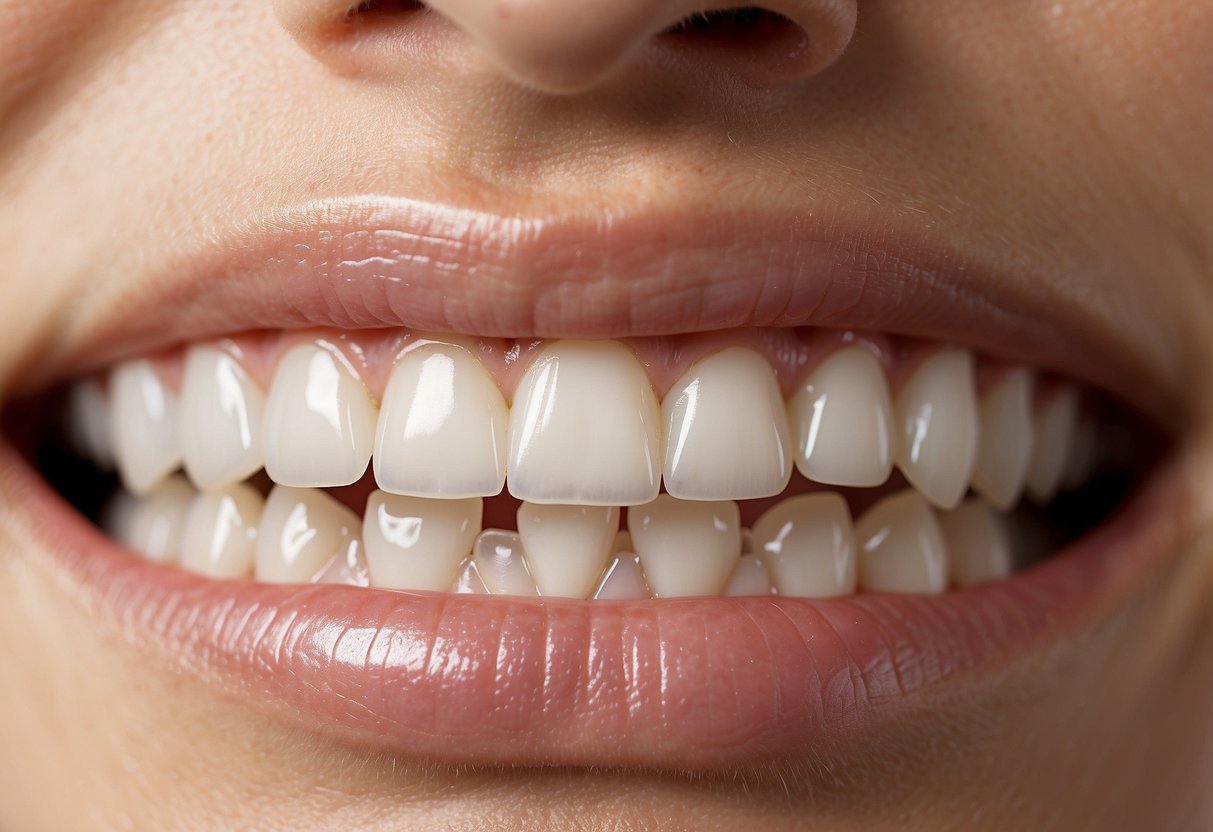 A close-up of braces-covered teeth with saliva naturally whitening the enamel