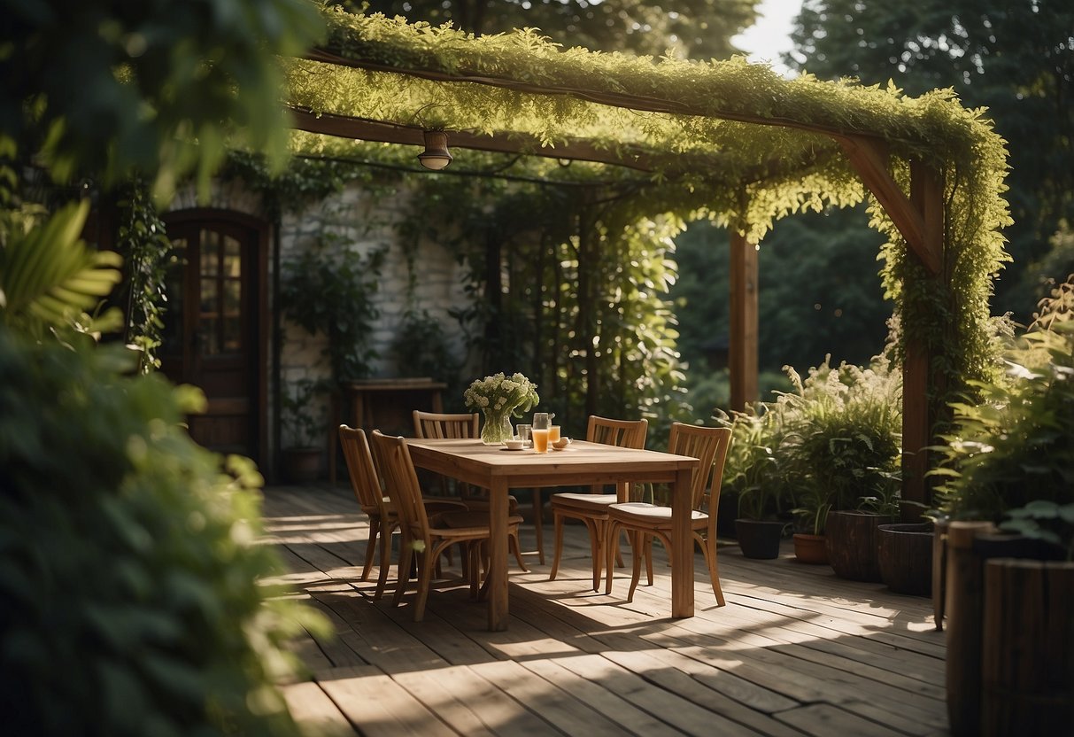 A cozy outdoor space with a leafy canopy, featuring a wooden table and chairs, surrounded by lush greenery and dappled sunlight