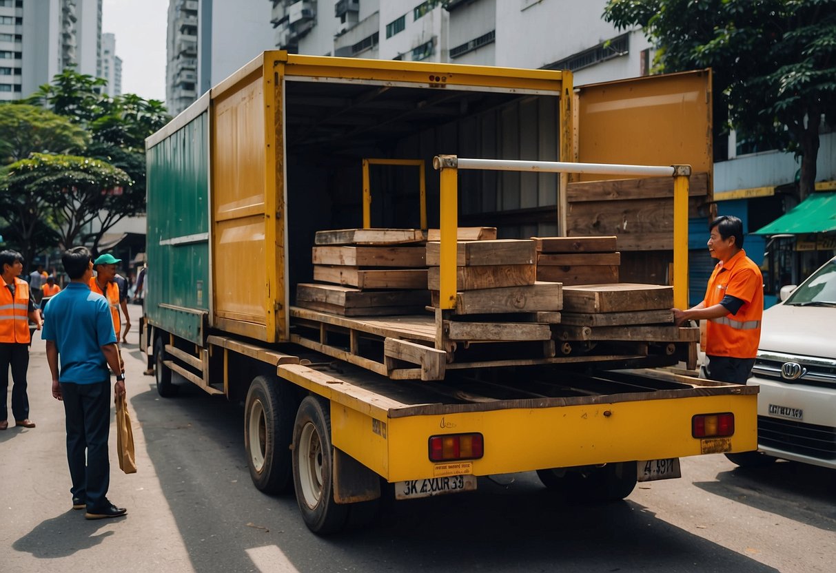 Old furniture being loaded onto a truck by workers at Tanjong Pagar Town Council for disposal