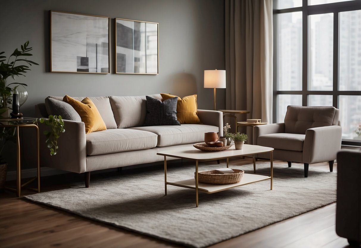 A cozy living room with Celina furniture, featuring a plush sofa, elegant coffee table, and stylish floor lamp