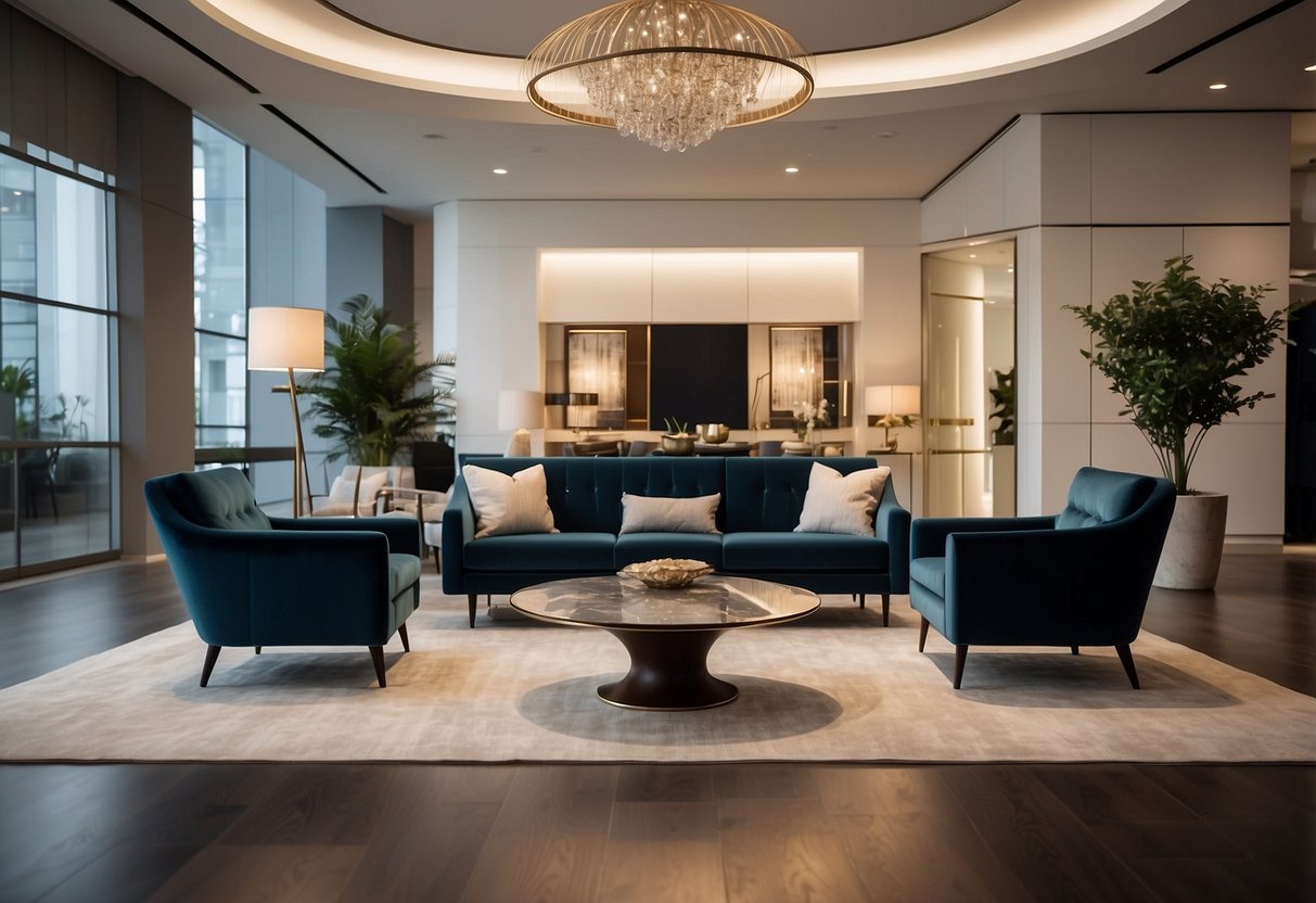 A spacious showroom filled with modern and elegant furniture pieces. Soft lighting highlights the sleek lines and luxurious textures of the Celina Furniture Collections