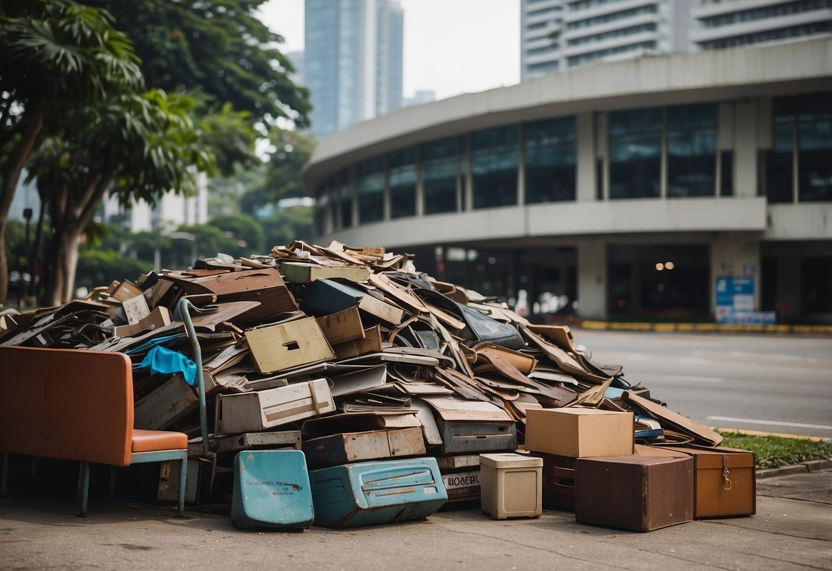 A pile of old furniture sits outside the Tanjong Pagar Town Council building, with a sign indicating it is for disposal