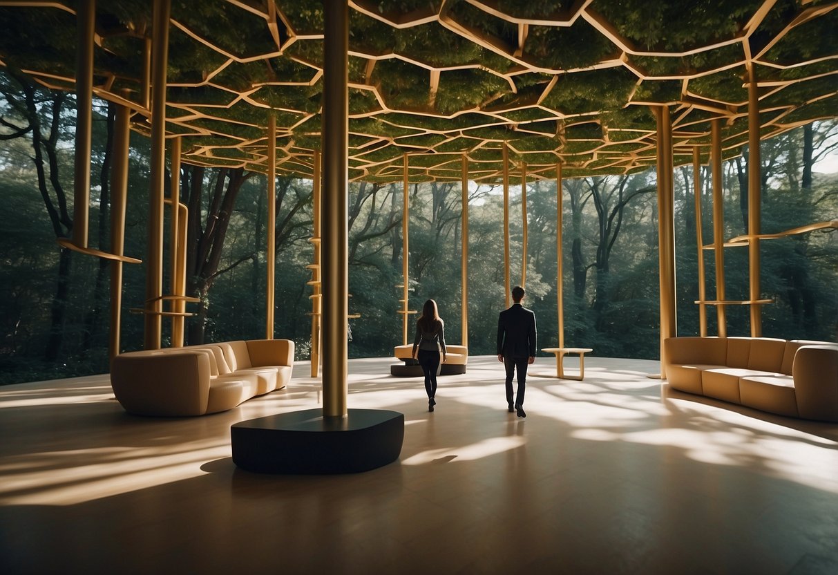 A person navigates through a forest of suspended, interconnected furniture pieces, creating a unique and surreal canopy experience