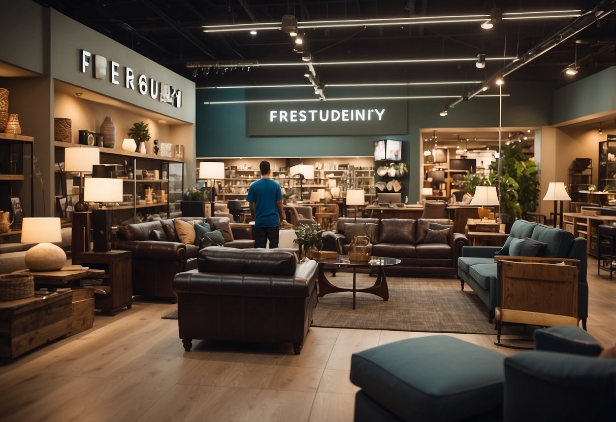 A busy furniture store with customers browsing, staff assisting, and a prominent sign reading "Frequently Asked Questions" above a display of popular items