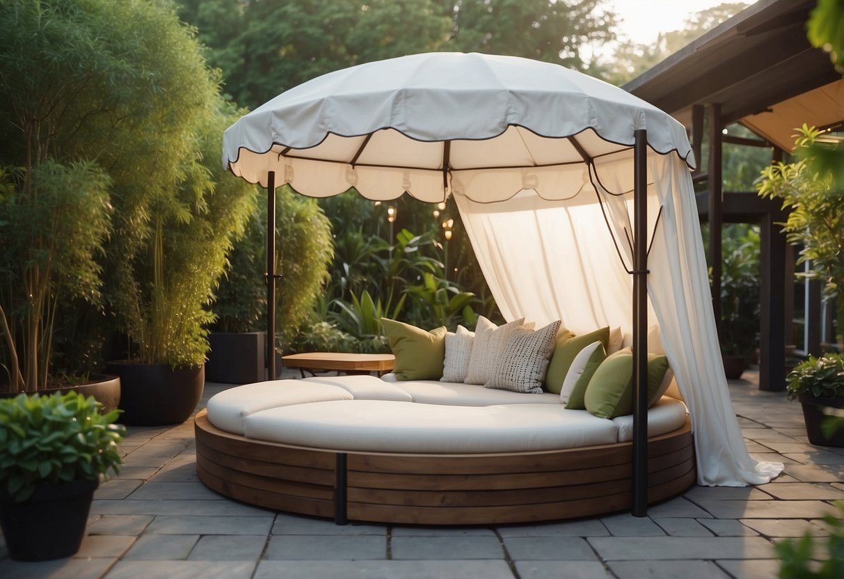 A cozy outdoor space with a canopy bed and lounge chairs, surrounded by lush greenery and soft lighting