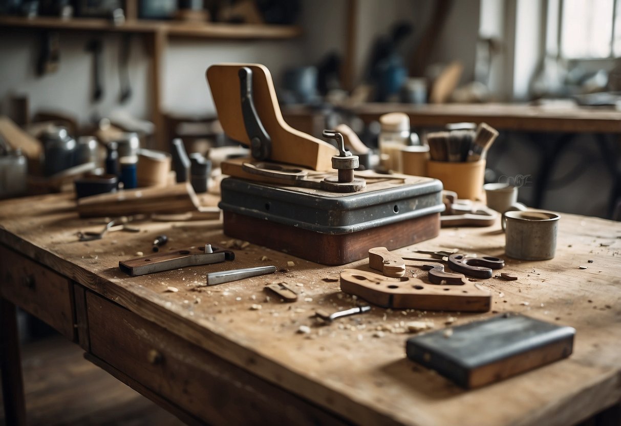 Old furniture being repurposed, sanding and painting, tools scattered, a sense of creativity and transformation