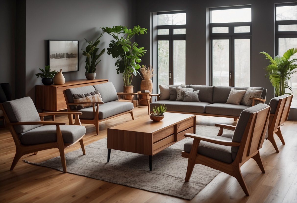 A cozy living room with teak furniture arranged in a modern and inviting style, with clean lines and warm wood tones