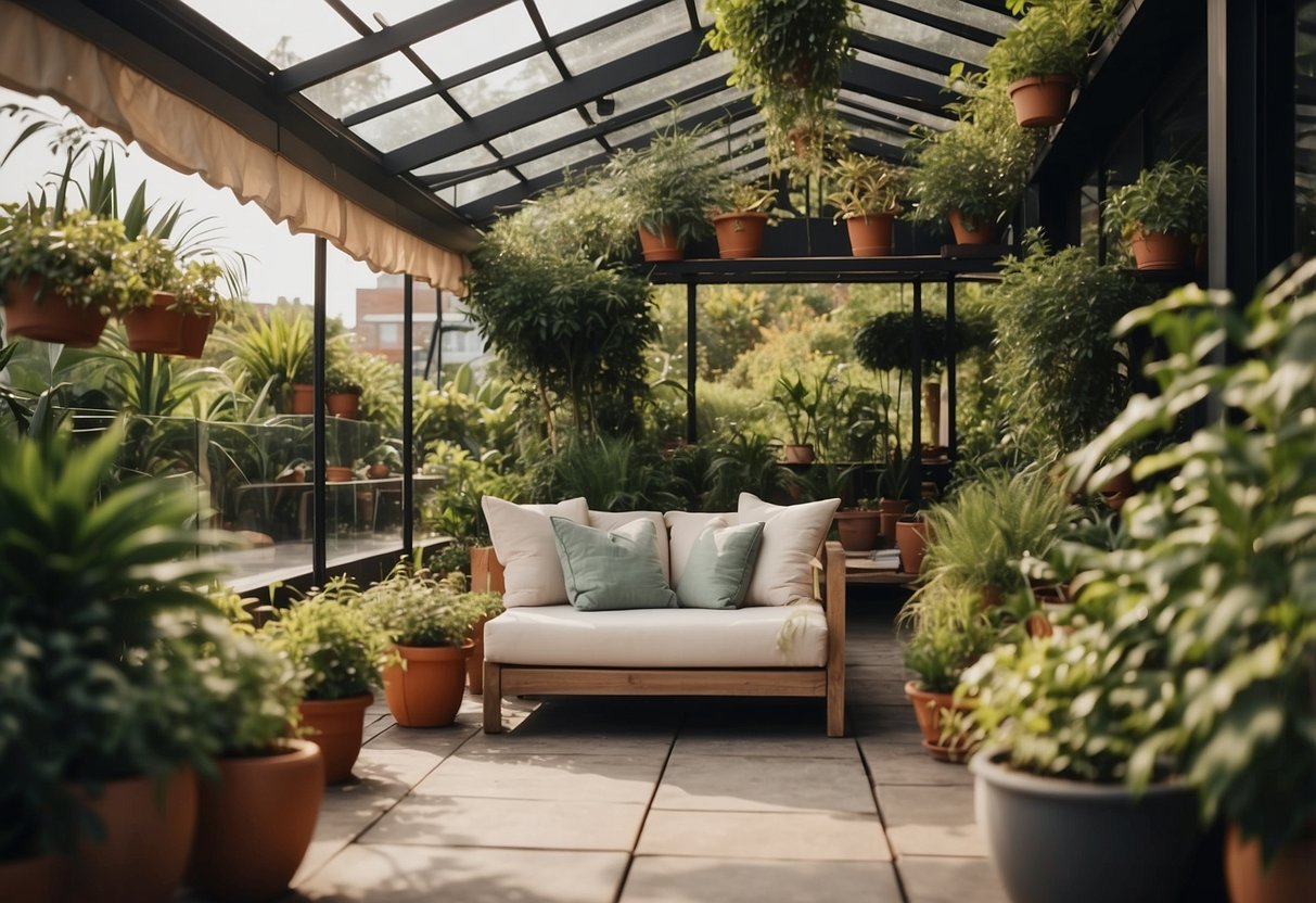A cozy outdoor setting with a canopy-covered seating area, surrounded by lush greenery and potted plants