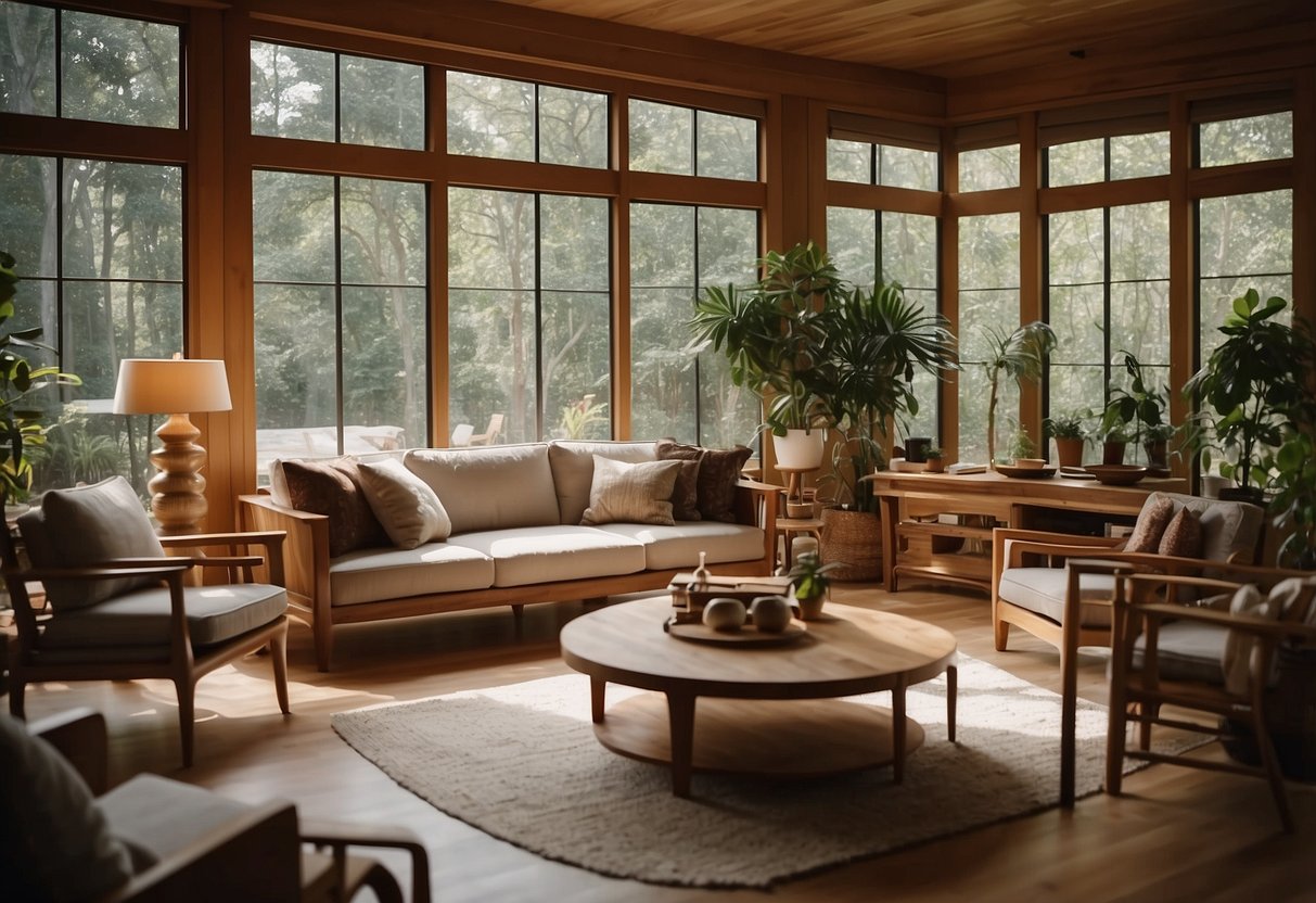 A cozy living room with teak furniture arranged in a modern and inviting style, with natural light streaming in through large windows
