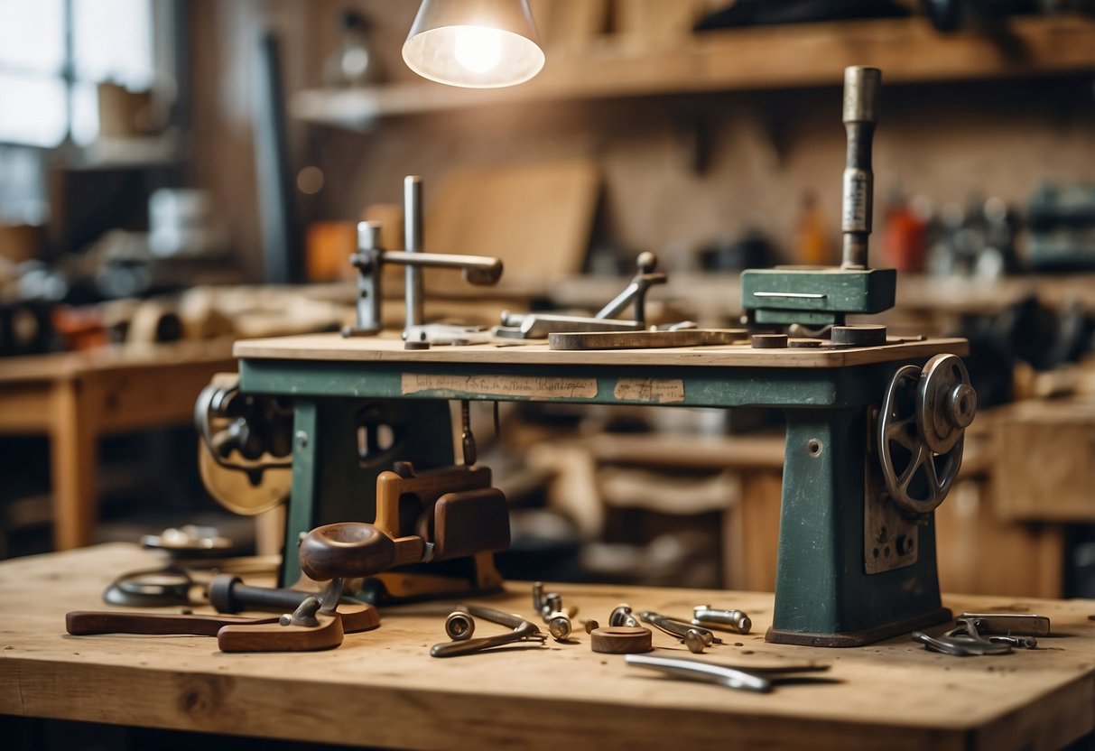 Old furniture being transformed into new pieces through upcycling projects. Tools and materials scattered on a workbench. Creative process in action