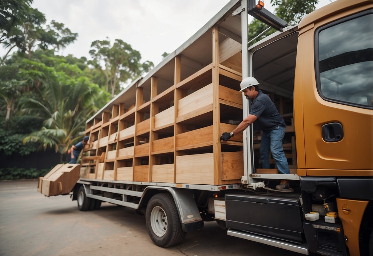 A customer clicks "add to cart" for teak furniture online. A delivery truck unloads the furniture. The customer oils and maintains the teak pieces