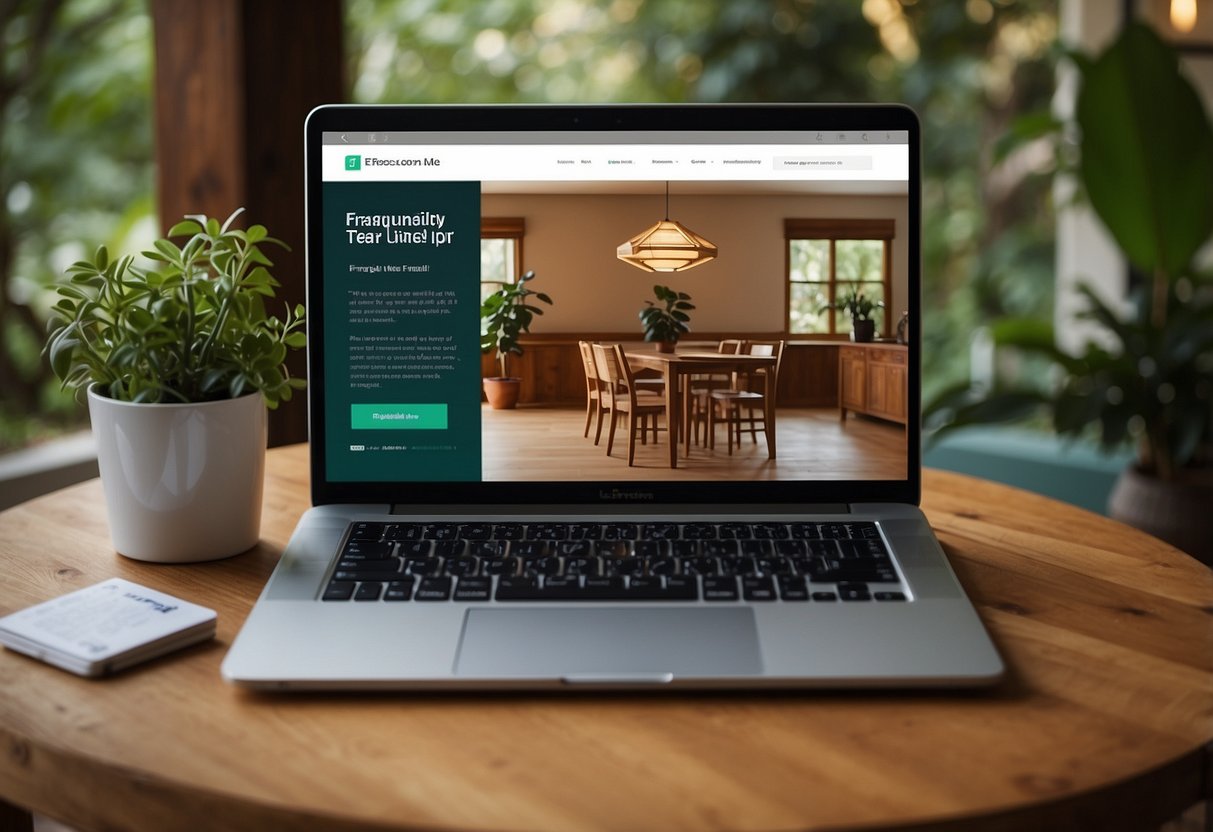 A laptop open to a website with "Frequently Asked Questions" about teak furniture. A teak chair and table in the background