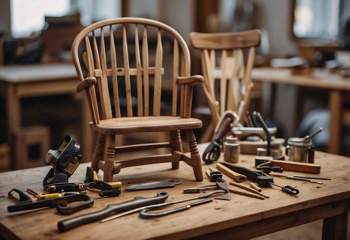 An old wooden chair being transformed into a stylish new piece, surrounded by tools and materials for upcycling
