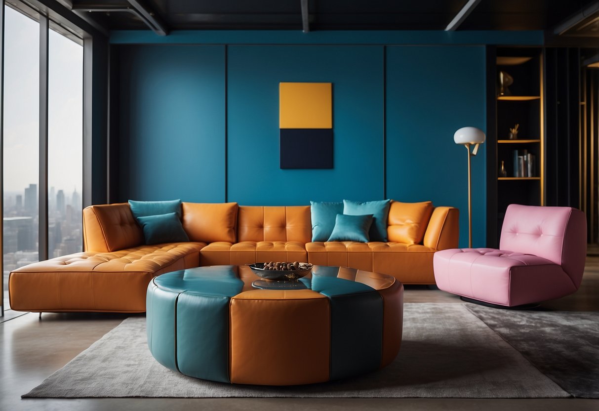 The lounge furniture features bold, modern designs with vibrant colors and unconventional shapes, creating a visually striking and inviting atmosphere