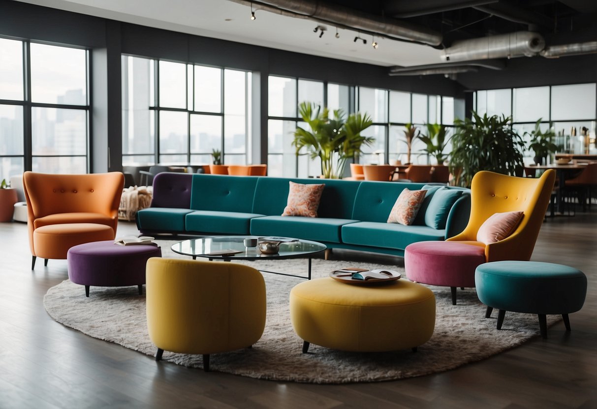 A variety of unique lounge furniture styles arranged in a spacious, well-lit room with vibrant colors and modern designs