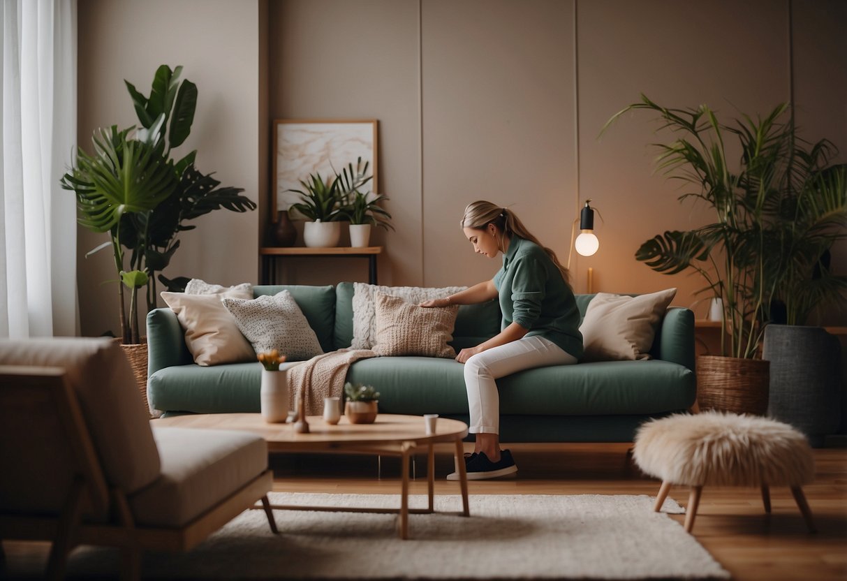 A person arranging and cleaning unique lounge furniture in a cozy living room setting