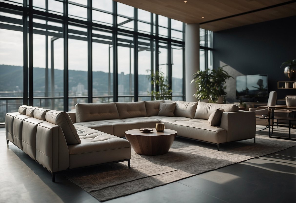 A modern lounge with sleek, unconventional furniture arranged in a spacious and inviting layout