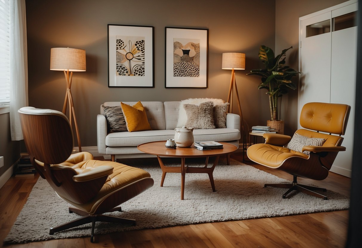 A cozy living room with mid-century modern chairs, a sleek teak coffee table, and a retro floor lamp. The room is adorned with vintage artwork and a shag rug