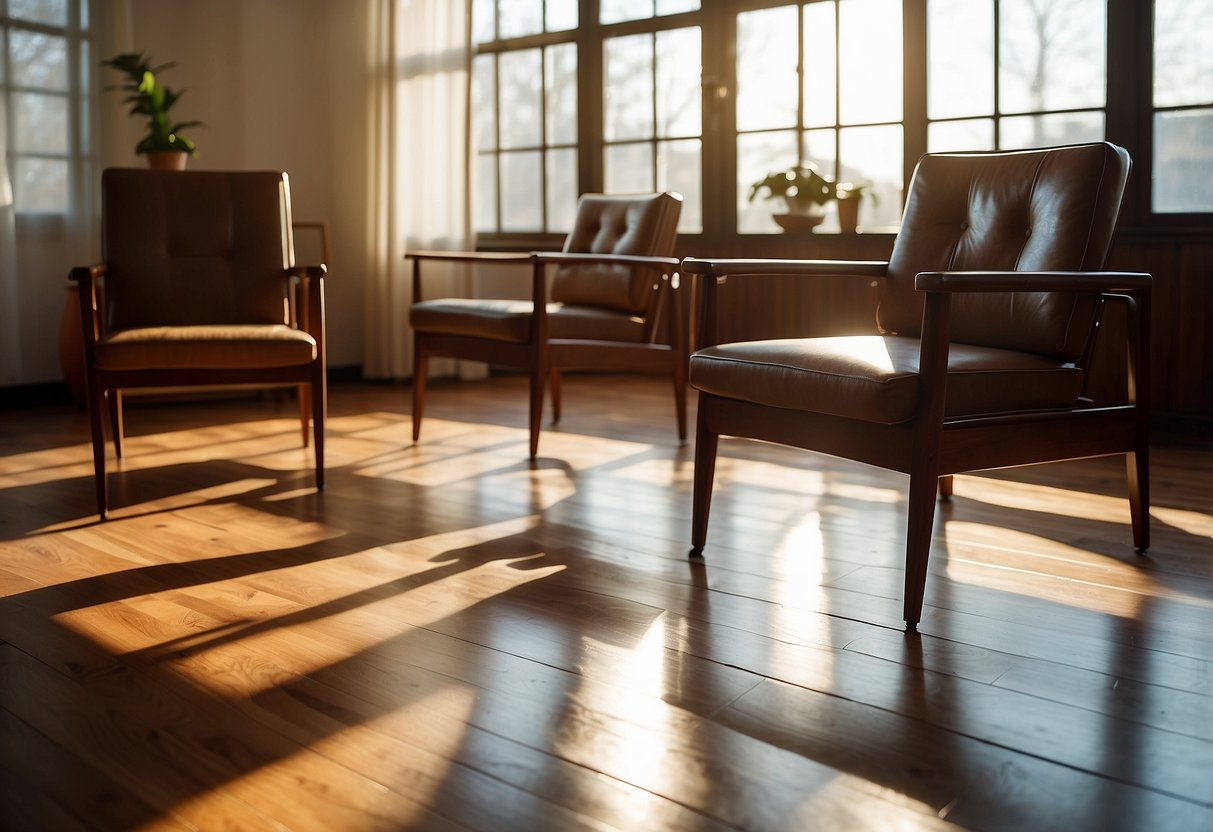A room with sleek, mid-century modern chairs and a retro teak sideboard. Sunlight streams through large windows, casting long shadows on the polished wood floors