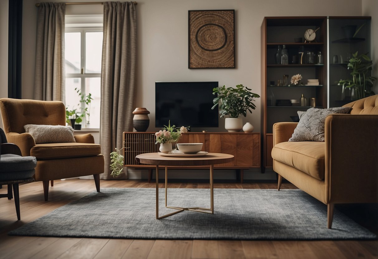 A room with a mix of vintage and contemporary furniture, blending seamlessly. Vintage pieces integrated with modern decor