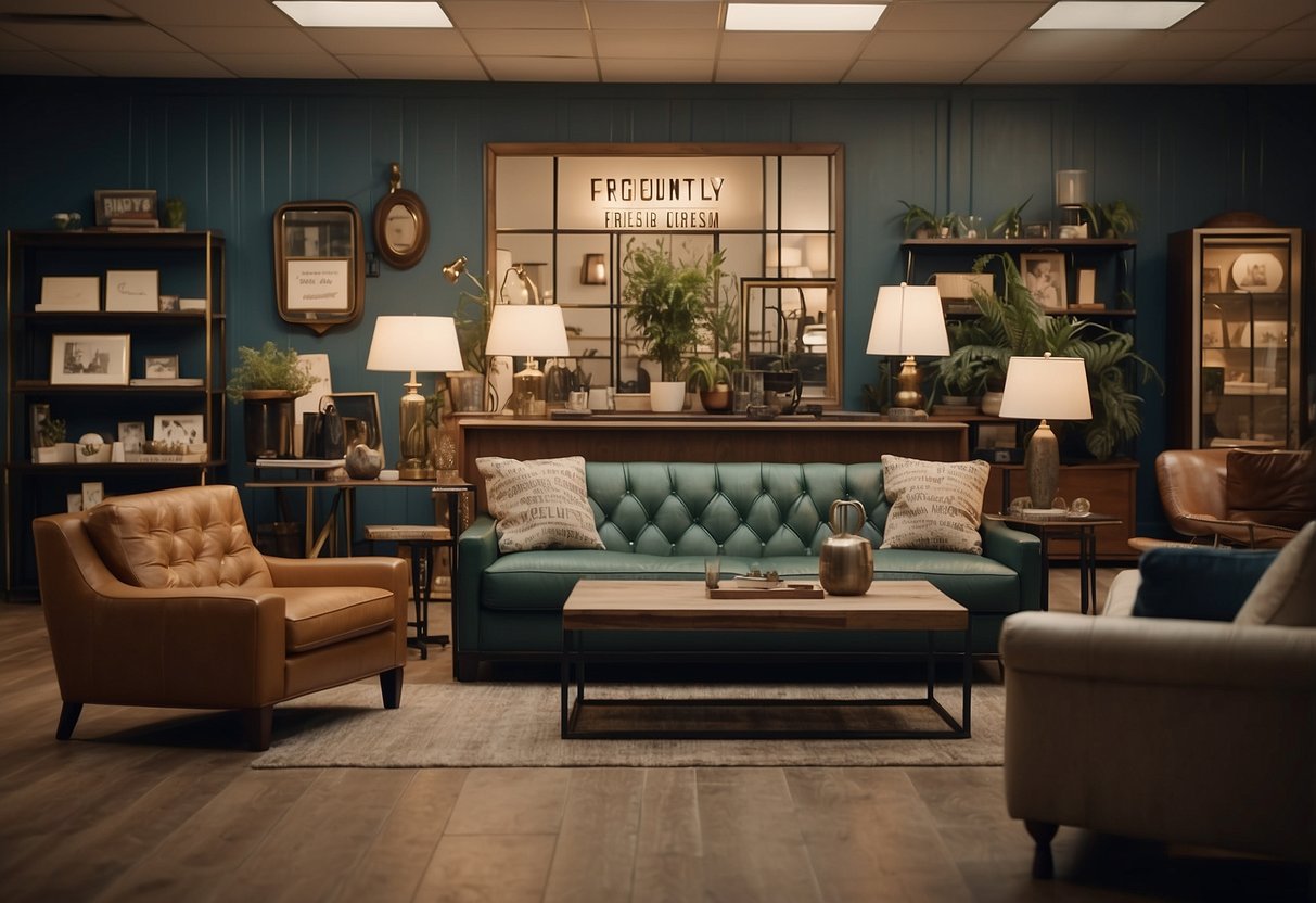 A vintage furniture store with a sign reading "Frequently Asked Questions" surrounded by various contemporary furniture pieces