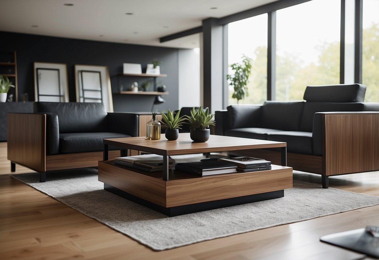 A sleek vinyl wood furniture set sits in a well-lit room, with clean lines and a modern aesthetic