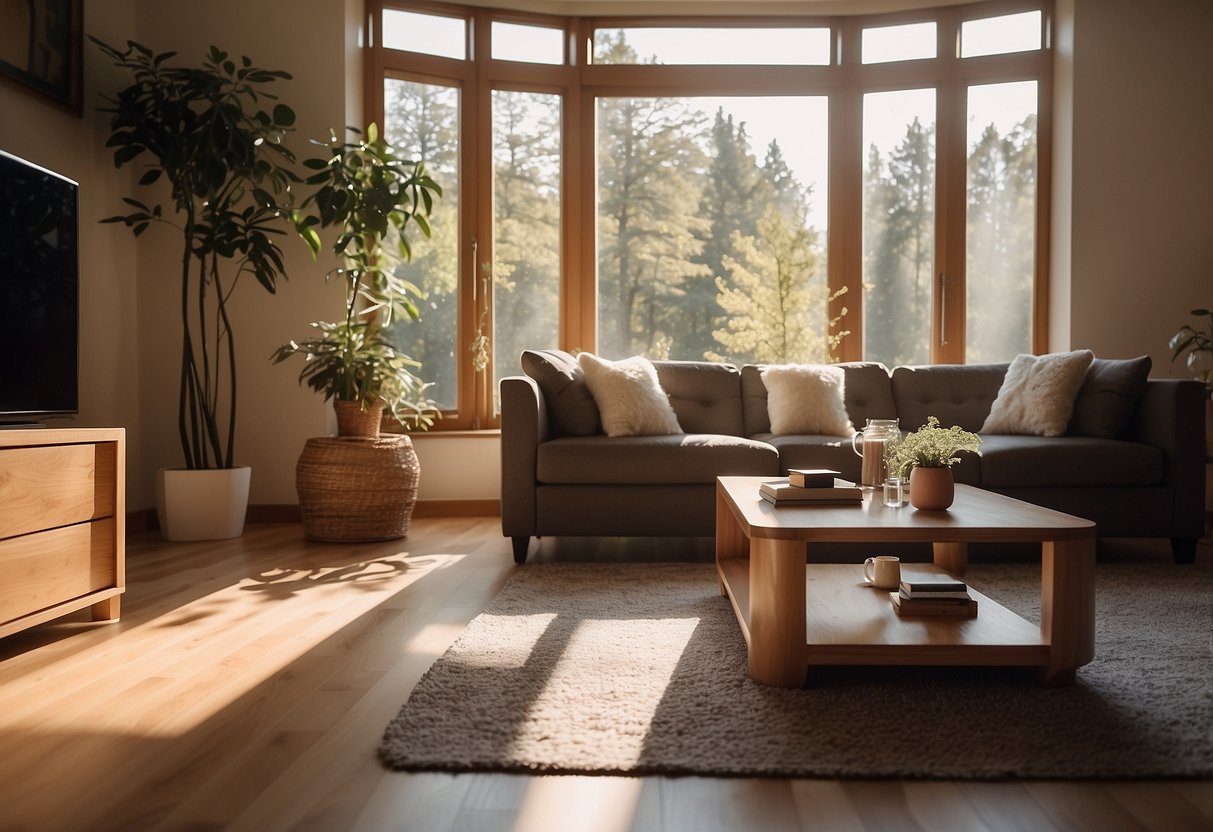 A cozy living room with vinyl wood furniture, including a comfortable sofa, coffee table, and bookshelf. Sunlight streams through the window, casting warm shadows on the floor