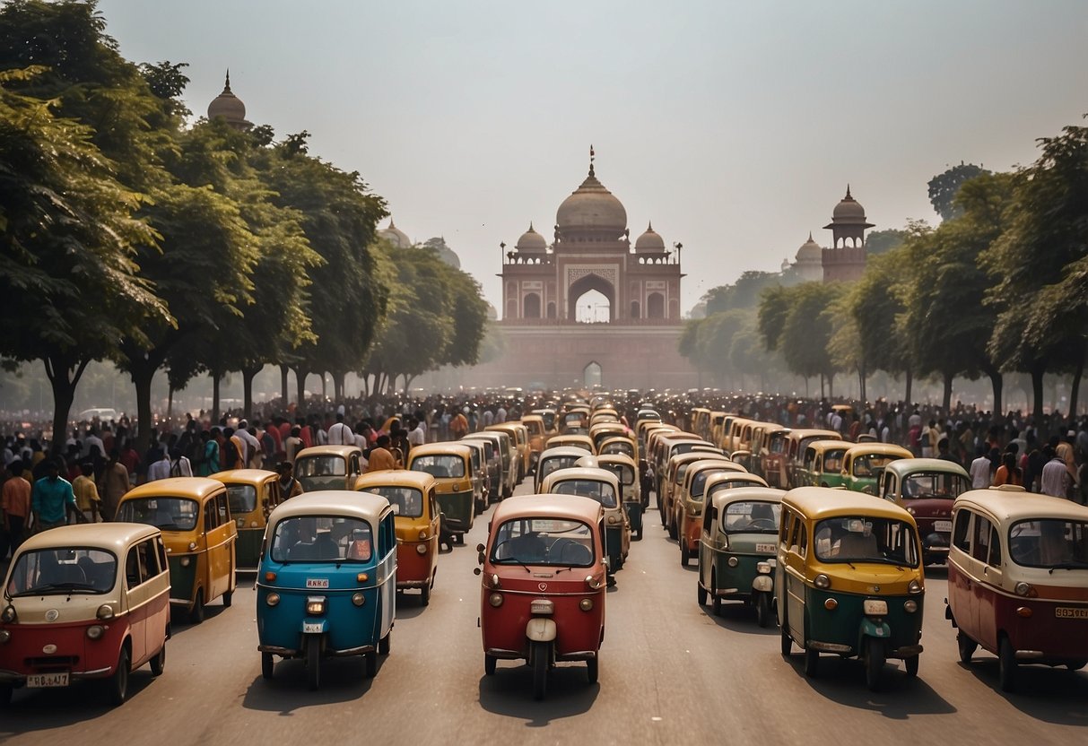 Busy streets of Delhi with colorful rickshaws, bustling markets, and historic landmarks like the Red Fort and Jama Masjid