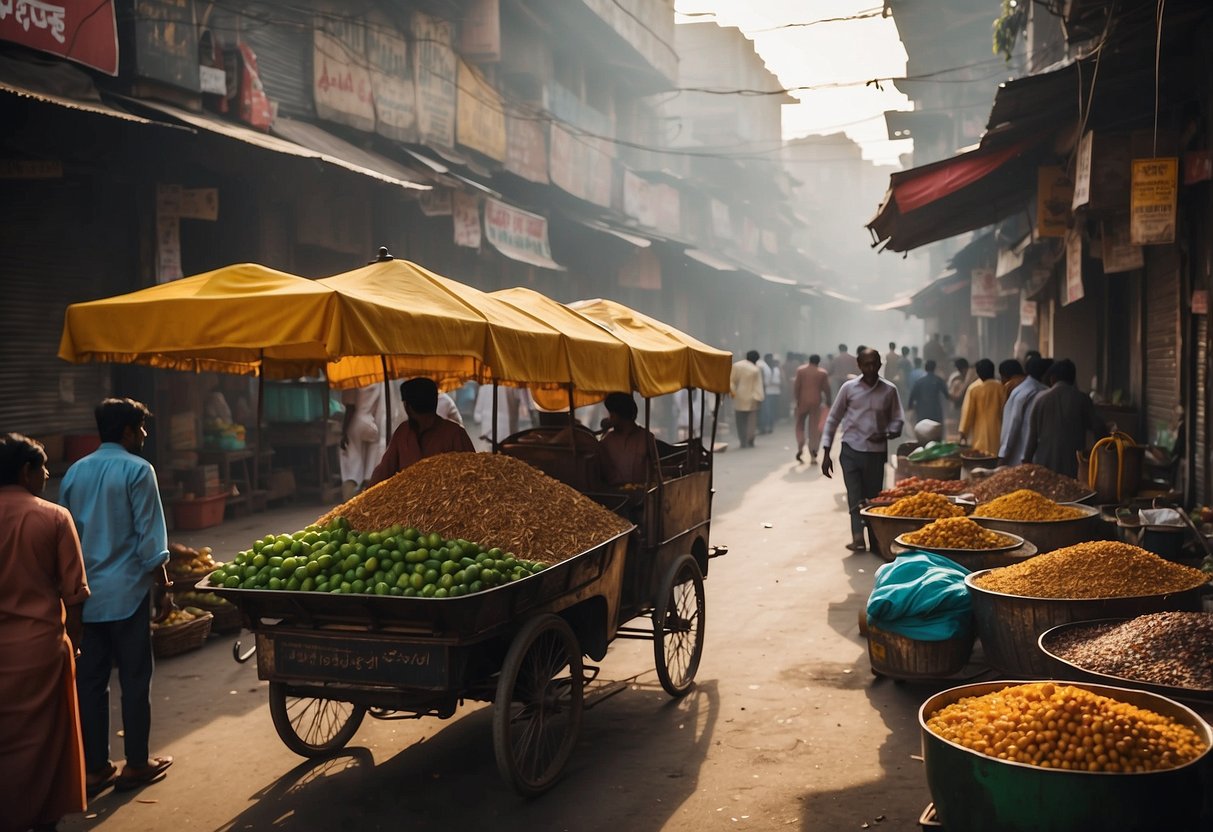 The bustling streets of Old Delhi, lined with ancient Mughal architecture and colorful bazaars, are filled with the sounds of rickshaws and the aroma of spicy street food