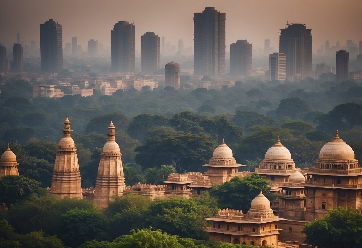 Skyscrapers and historic monuments blend in Delhi's modern skyline, showcasing the city's rich cultural heritage and contemporary architectural marvels