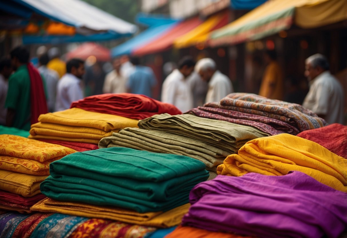 Vibrant market stalls line the bustling streets of Delhi, with colorful fabrics, spices, and handicrafts on display. The air is filled with the sounds of bargaining and the scent of street food